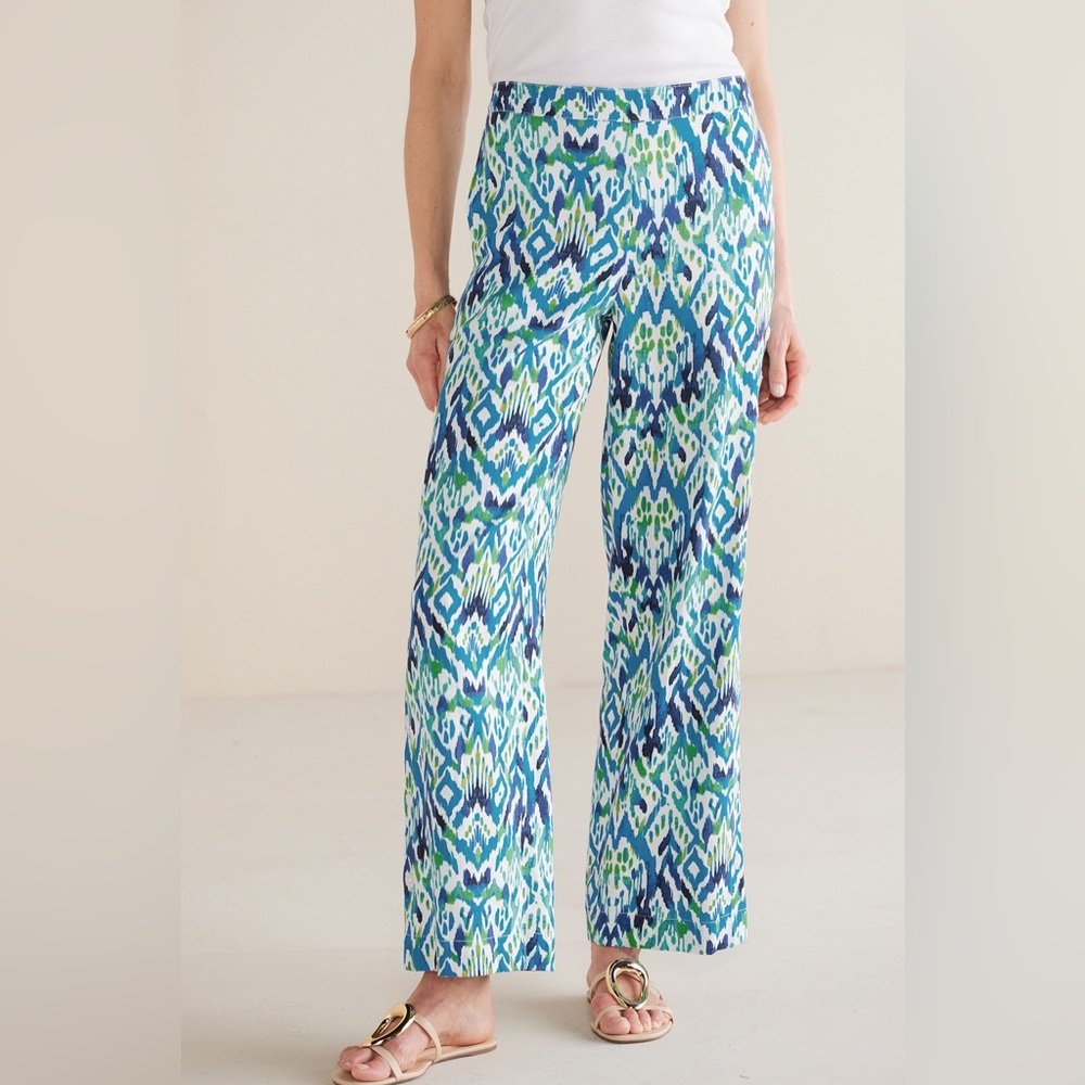 SOFT SURROUNDINGS Sonoma Linen Blend Wide Leg Pants in Green/Teal Ikat